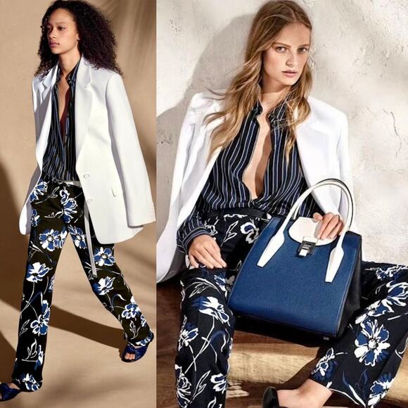 $1,295 MICHAEL KORS COLLECTION Designer Blue & Black Floral Dress Suit Pants 10 - Picture 1 of 14